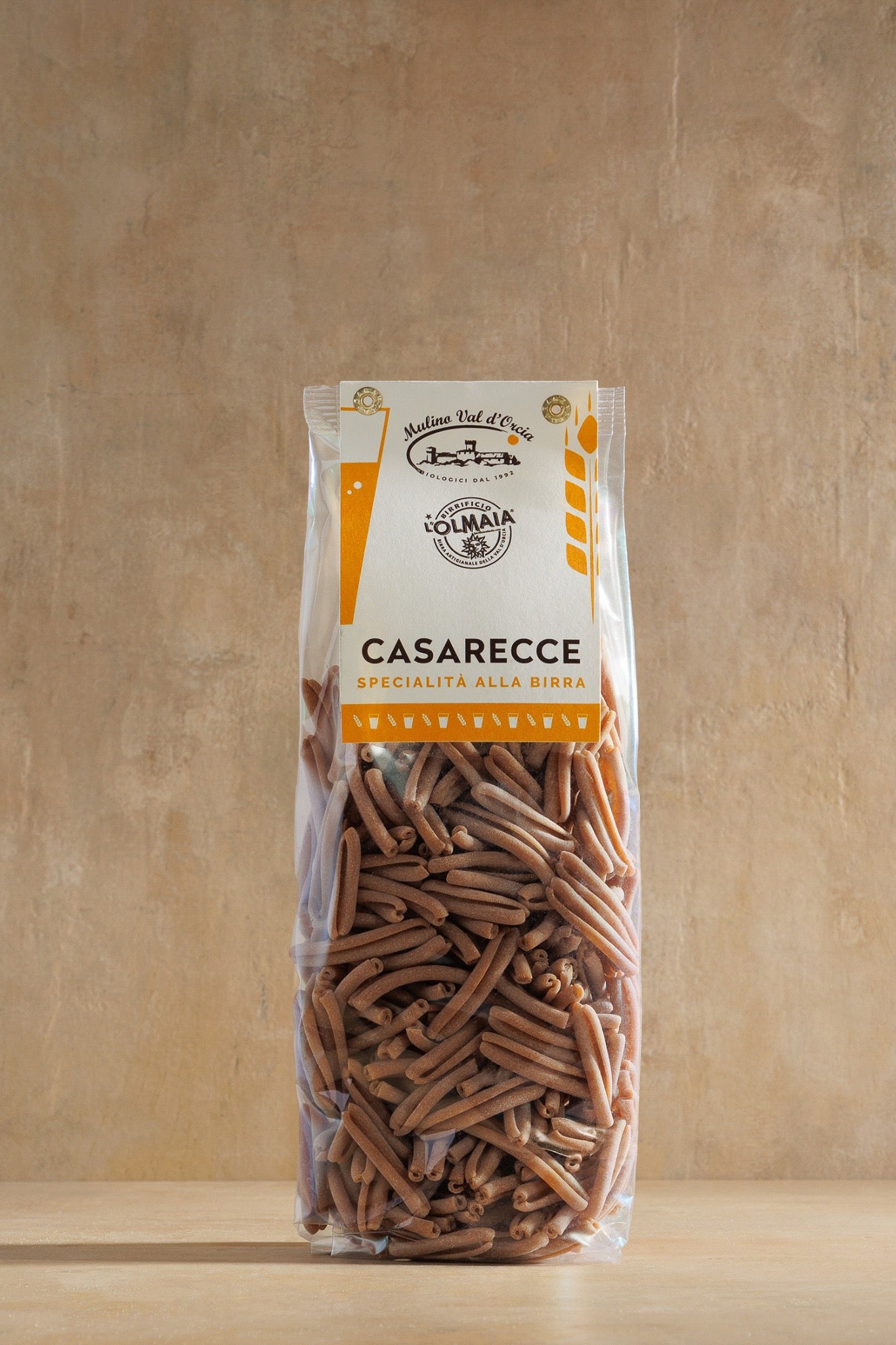 Beer Pasta, paper bag of artisan casarecce made with Italian craft beer, Mulino Val d'Orcia, Tuscany