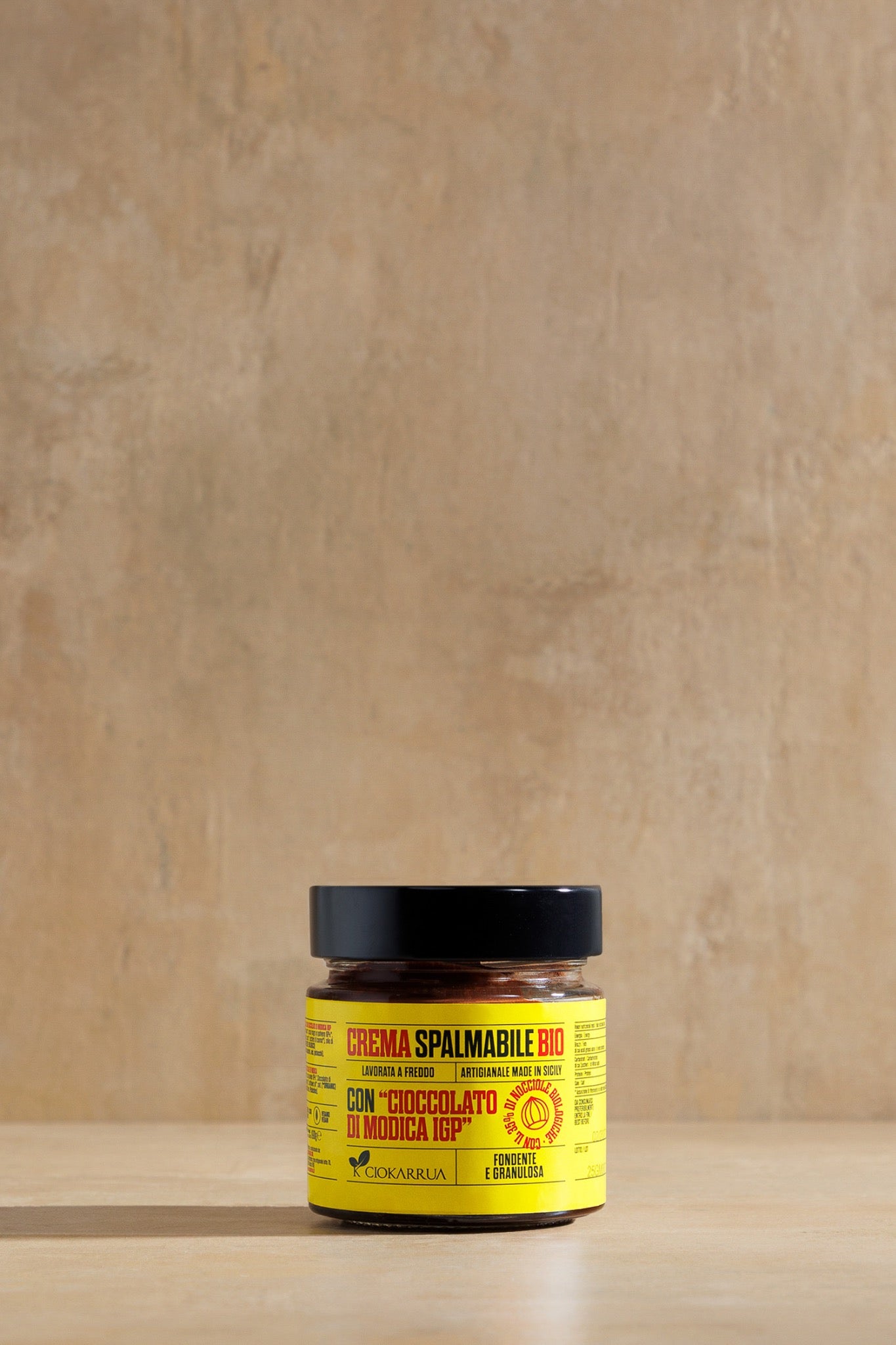 Modica PGI Chocolate Spread with Sicilian Hazelnut, glass jar of cold-worked chocolate hazelnut spread, Ciokarrua, Modica
