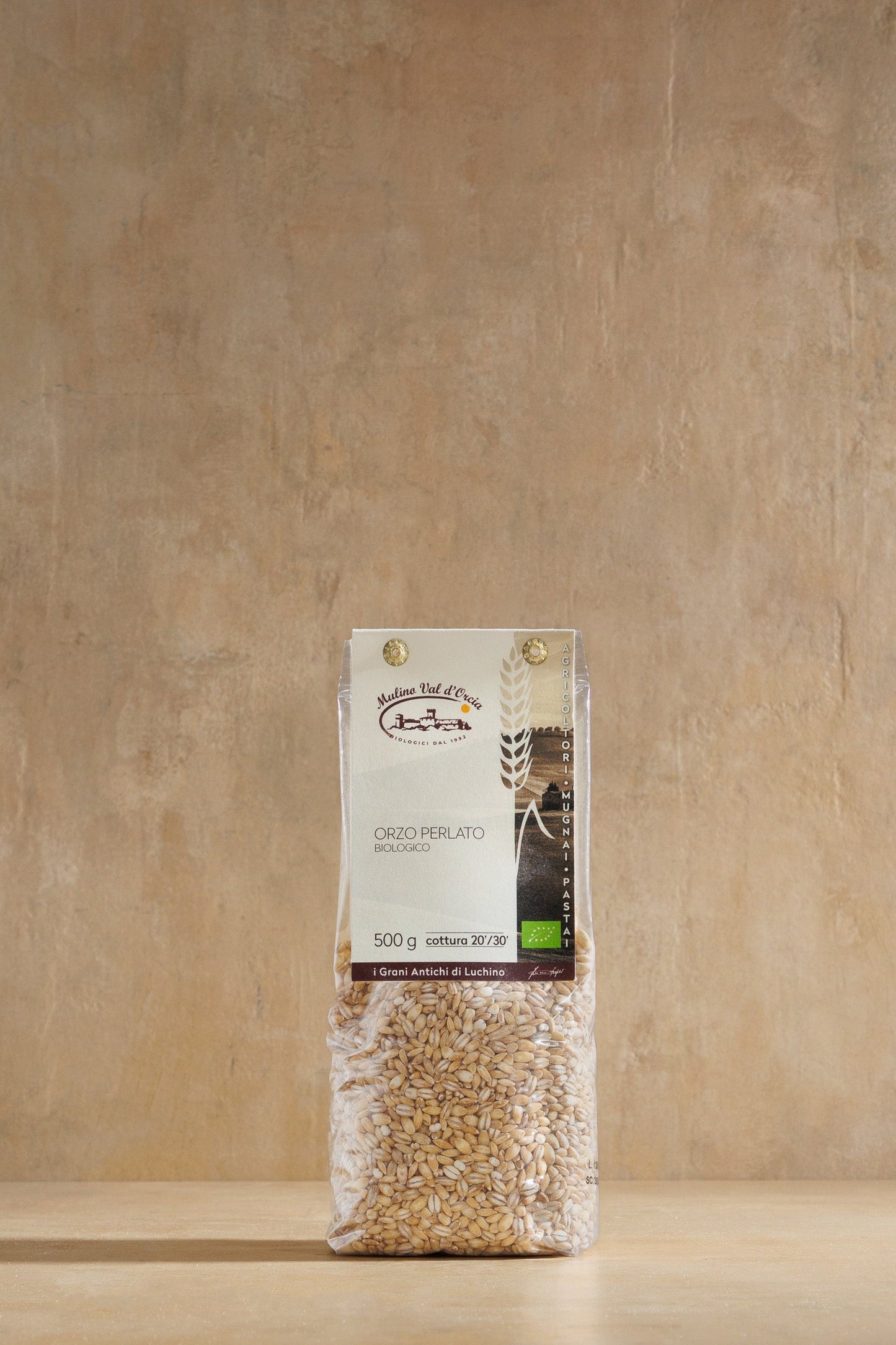 Organic Pearled Barley, paper bag of organic Italian pearled barley, Mulino Val d'Orcia, Tuscany