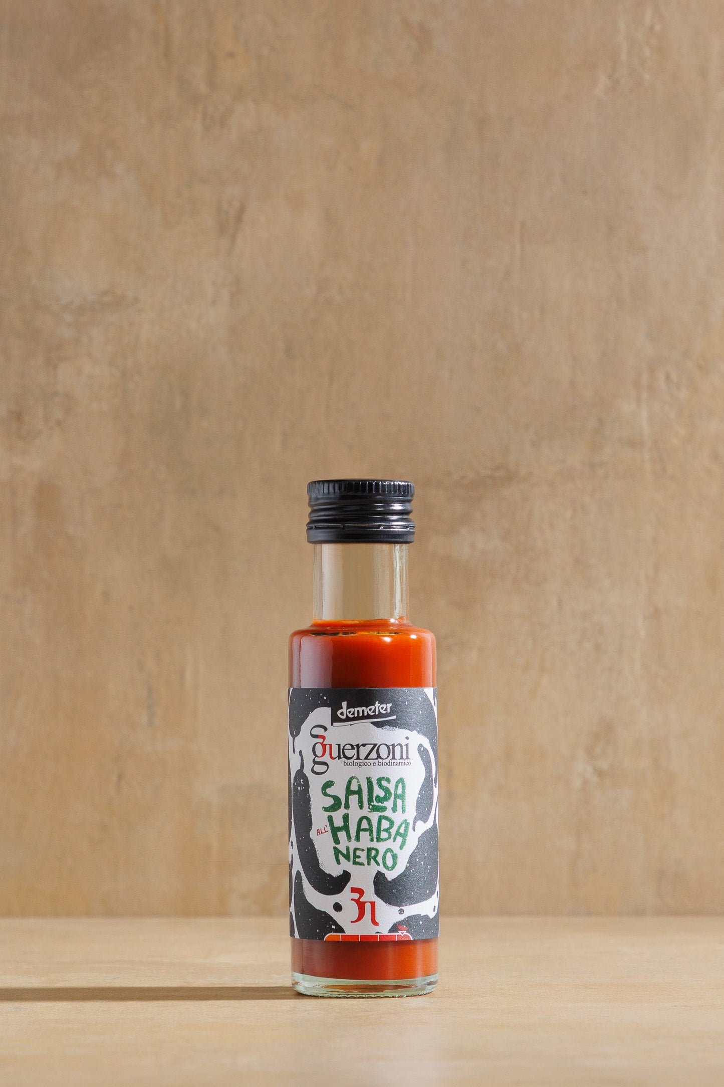 Habanero Sauce, glass bottle of organic habanero hot sauce, Guerzoni, Modena