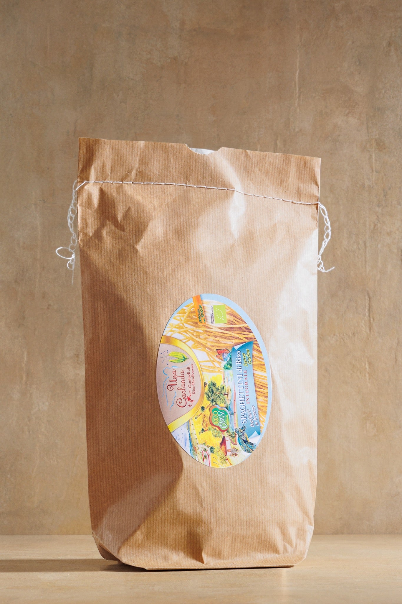 Whole Grain Rice Spaghettini, paper bag of gluten-free whole grain rice spaghettini, Una Garlanda, Piedmont