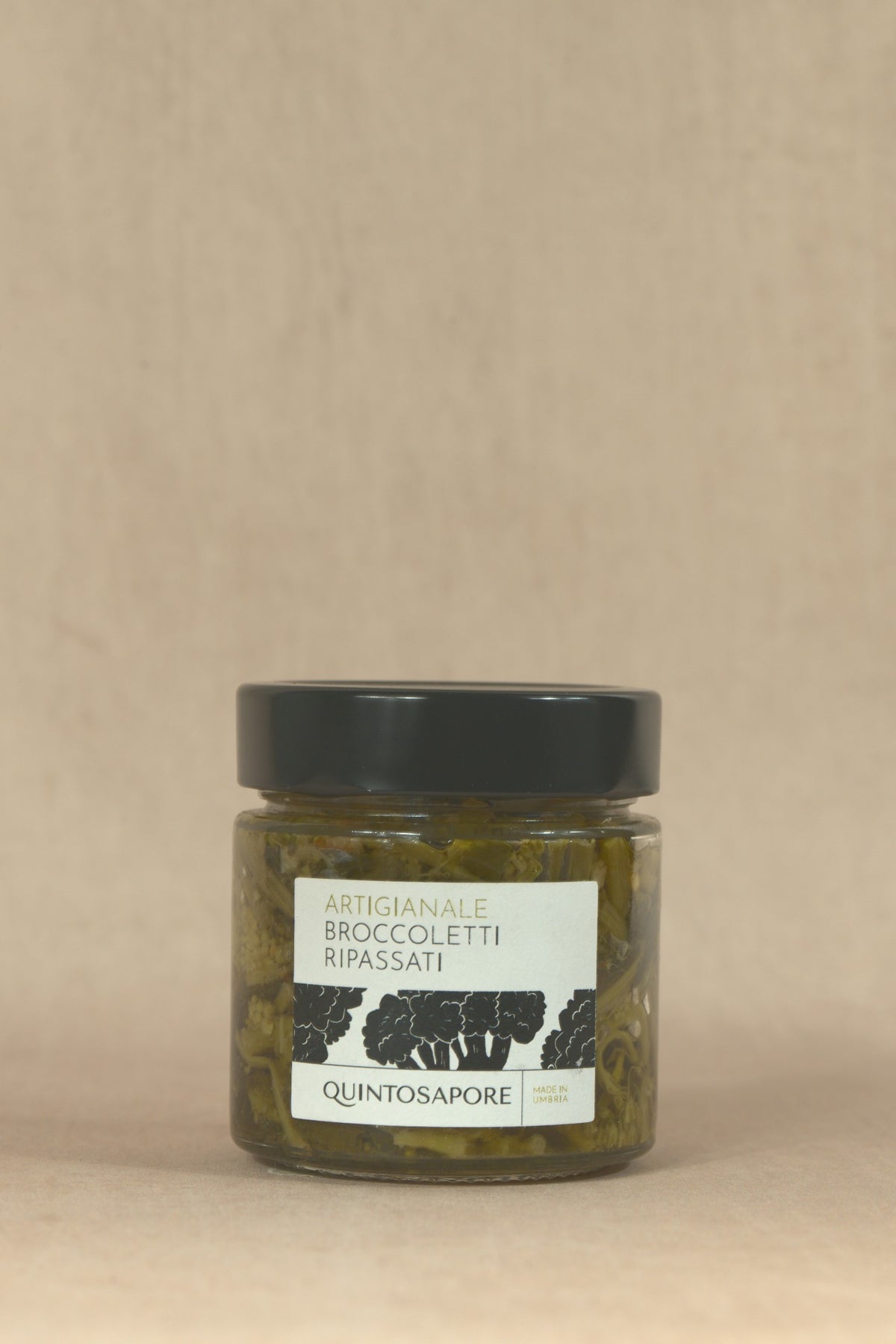 Twice-Cooked Purple Sprouting Broccoli, glass jar with cream label, Quintosapore, Umbria
