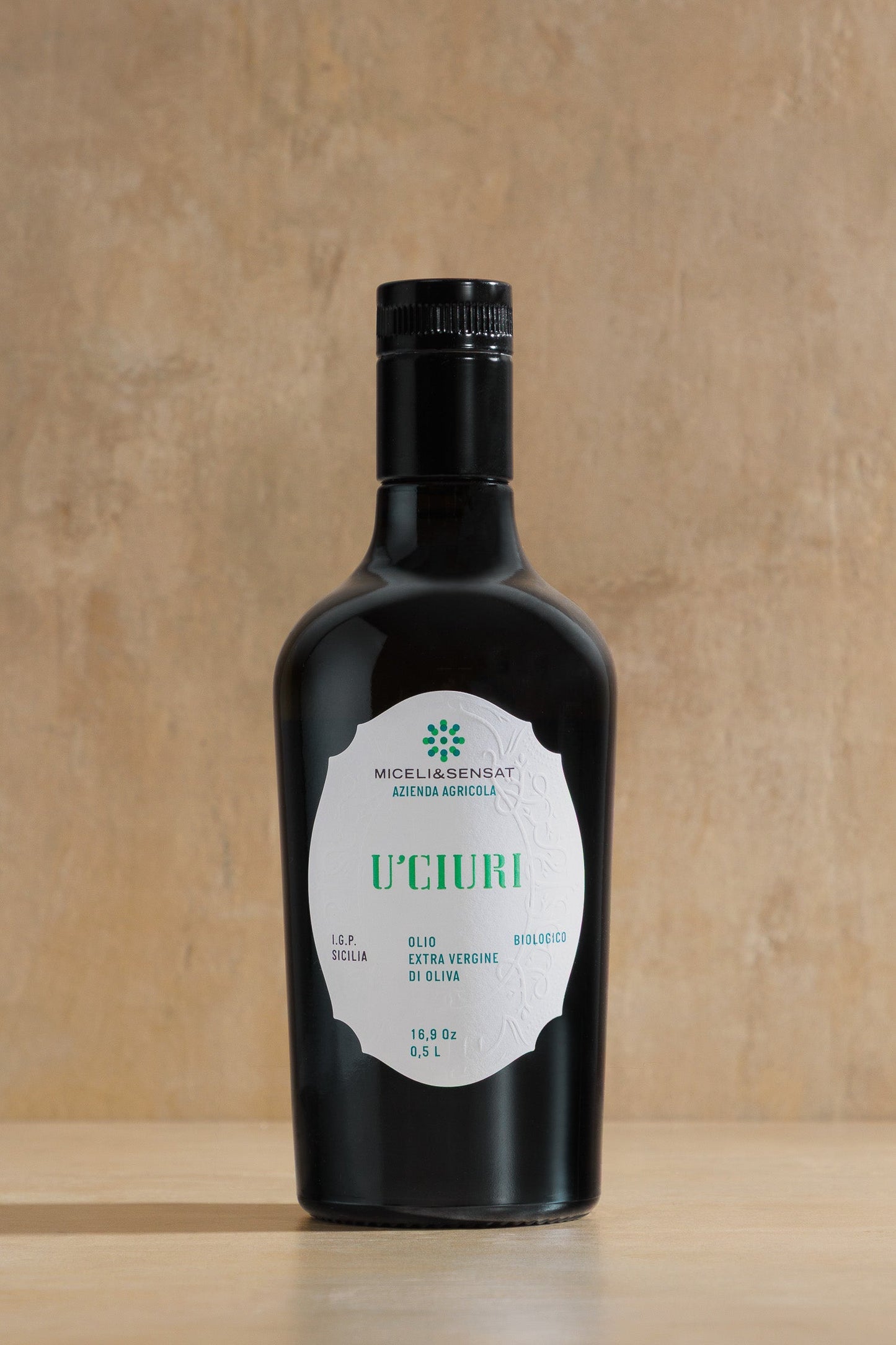 U'Ciuri Organic Extra Virgin Olive Oil, dark glass bottle of organic Sicilian EVOO, Miceli & Sensat, Sicily