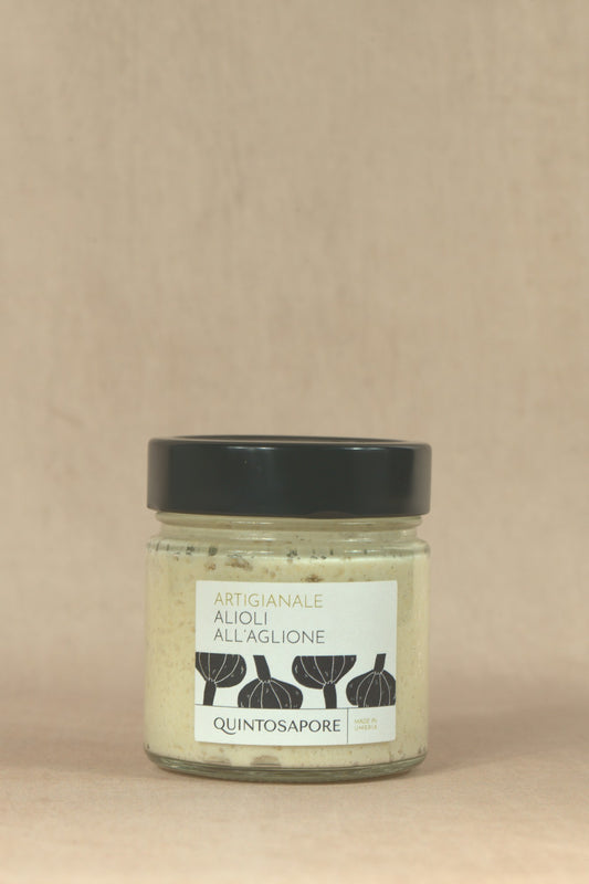 Aglione Garlic Aioli, glass jar with cream label, Quintosapore, Umbria