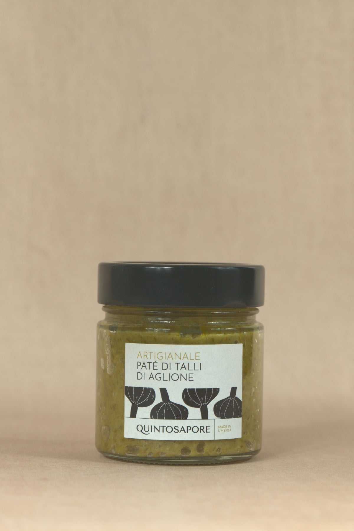 Aglione Garlic Flower Spread, glass jar with cream label, Quintosapore, Umbria