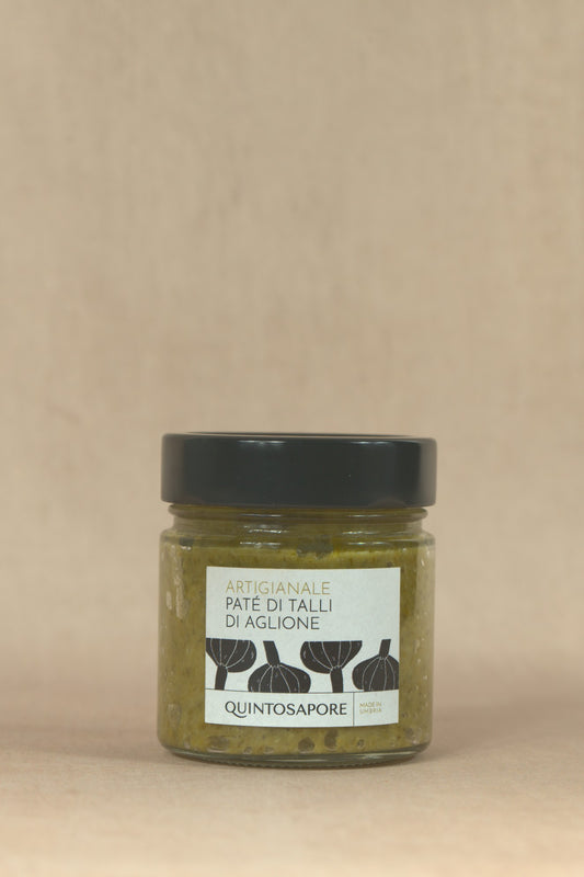 Aglione Garlic Flower Spread, glass jar with cream label, Quintosapore, Umbria