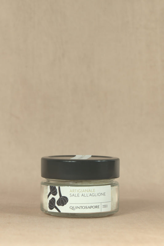 Aglione Garlic Sea Salt Flakes, small glass jar with cream label, Quintosapore, Umbria