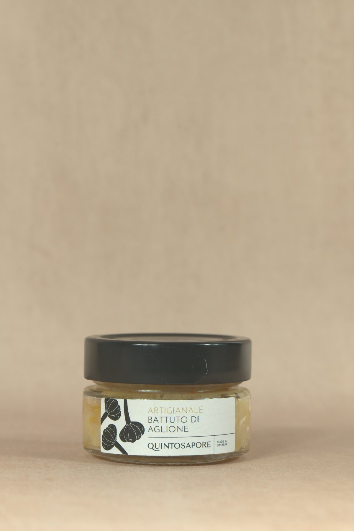 Aglione Garlic Tartare in Extra Virgin Olive Oil, small glass jar with cream label, Quintosapore, Umbria