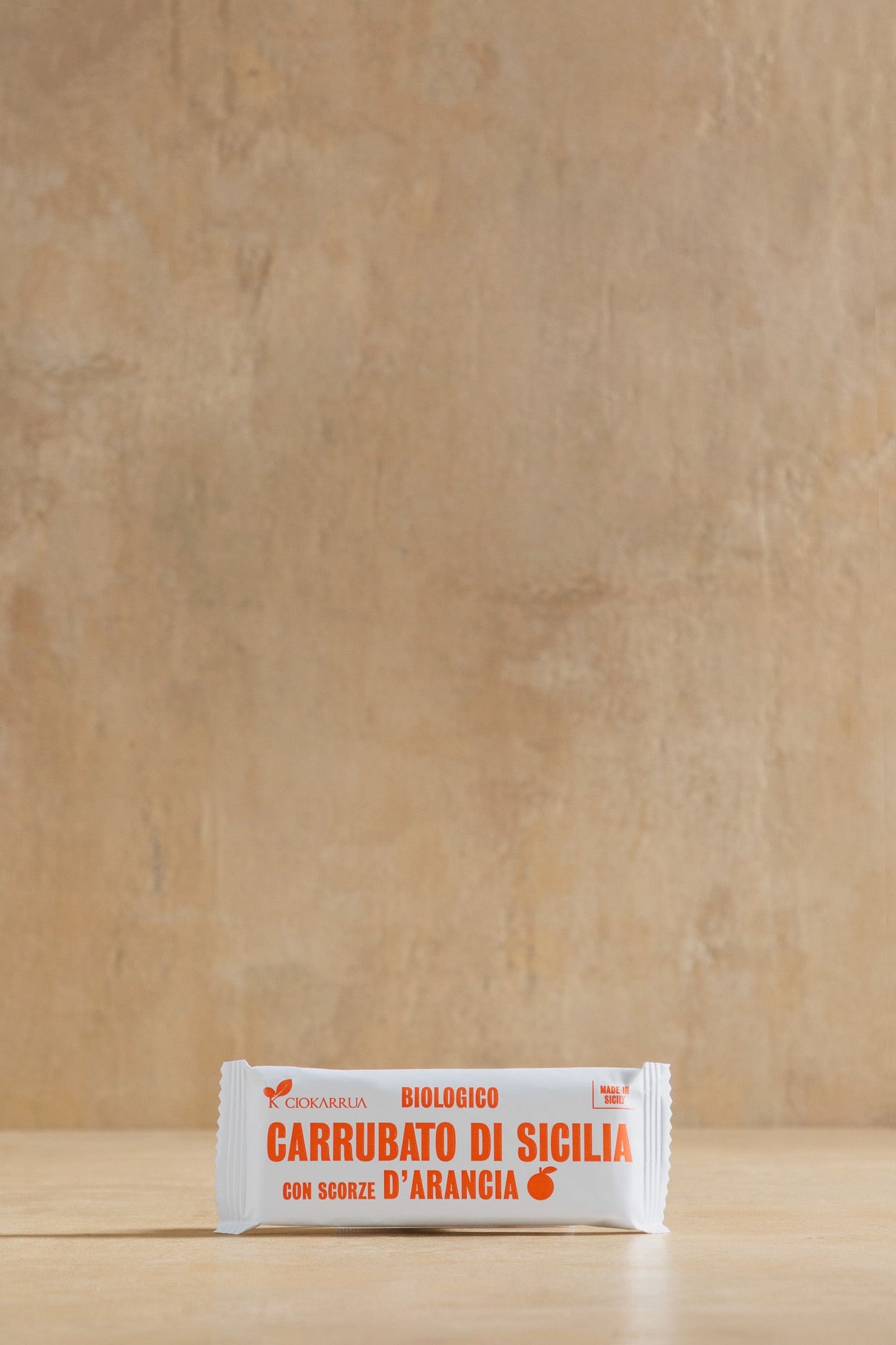 Orange Peel Carob Bar, wrapped bar of carob with candied orange peel, Ciokarrua, Modica