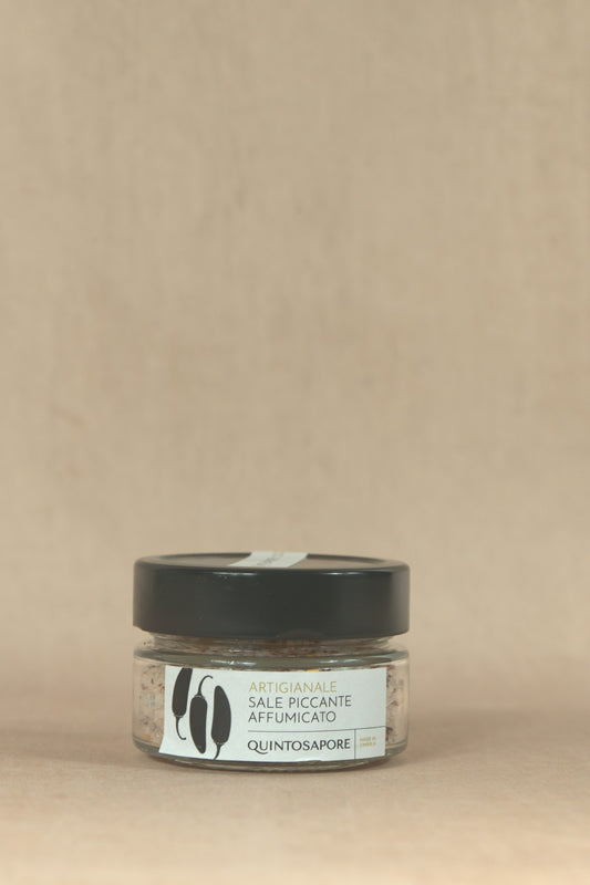 Chipotle Sea Salt Flakes, small glass jar with cream label, Quintosapore, Umbria