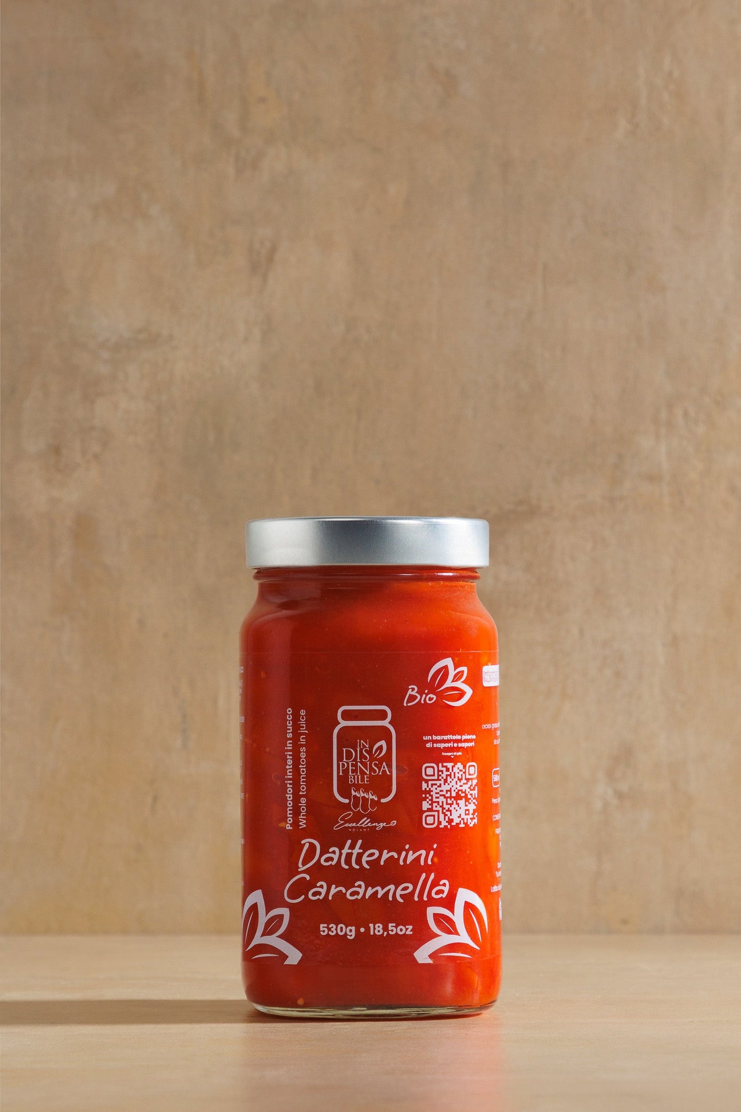 Candy Datterini Tomato Sauce, glass jar of organic datterini tomato sauce, Indispensabile Bio, Campania