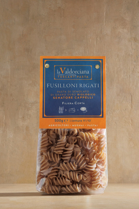 Fusilloni Rigati Pasta, paper bag of large ridged bronze-die fusilloni, Mulino Val d'Orcia, Tuscany