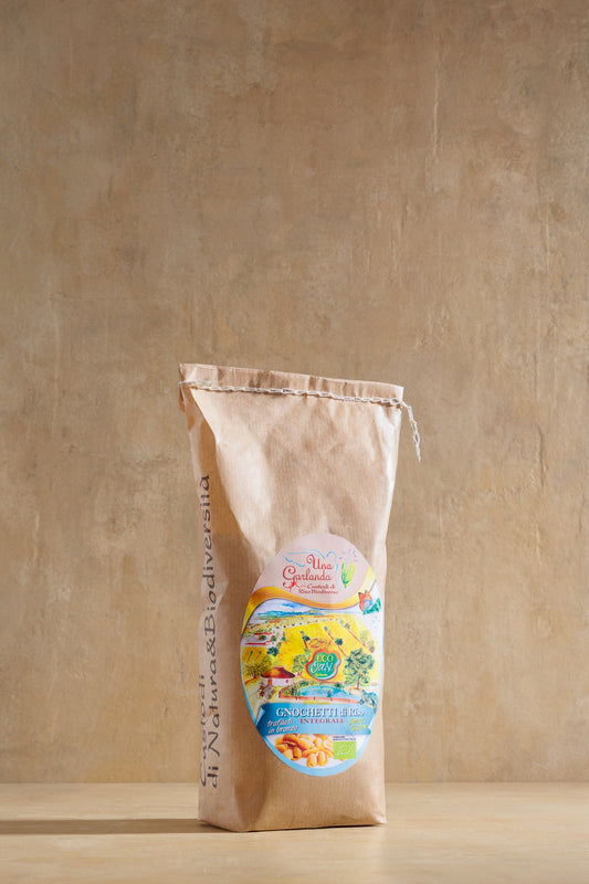 Whole Grain Rice Gnocchetti, paper bag of gluten-free whole grain rice gnocchetti, Una Garlanda, Piedmont