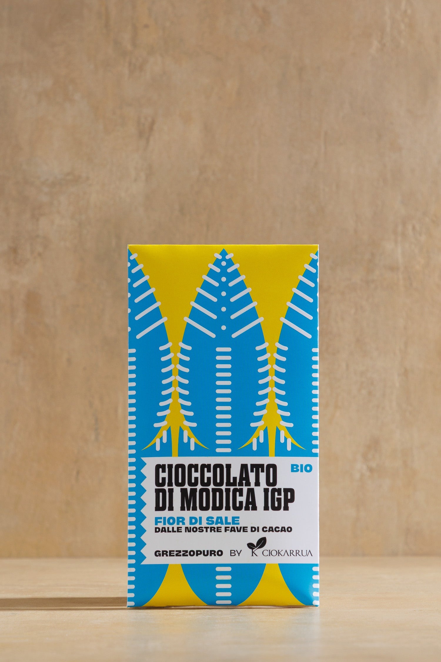 Flower of Salt Modica PGI Chocolate, wrapped bar of Modica PGI chocolate with flower of salt, Ciokarrua, Sicily