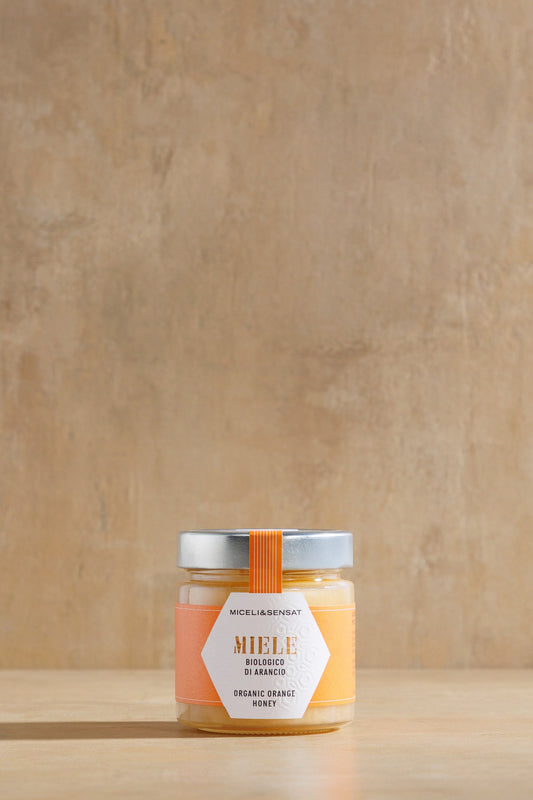 Organic Orange Blossom Honey, glass jar of raw Sicilian orange blossom honey, Miceli & Sensat, Sicily