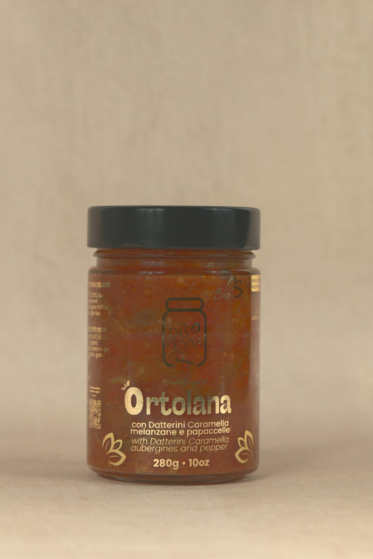 Ortolana Sauce with Eggplant and Papaccella Pepper, glass jar with cream label, IndispensabileBio, Campania