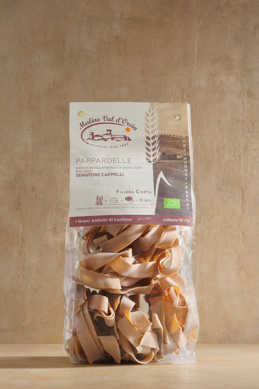 Pappardelle Senatore Cappelli, paper bag of Senatore Cappelli ancient-wheat pappardelle, Mulino Val d'Orcia, Tuscany