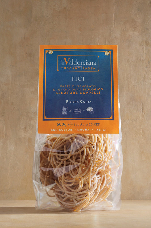 Pici Traditional Tuscan Pasta, paper bag of hand-rolled Senatore Cappelli pici, Mulino Val d'Orcia, Tuscany