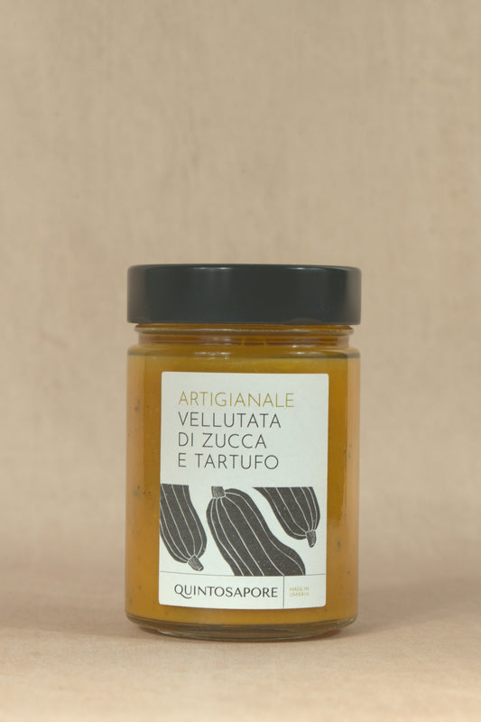 Pumpkin and Black Truffle Soup, glass jar with cream label, Quintosapore, Umbria