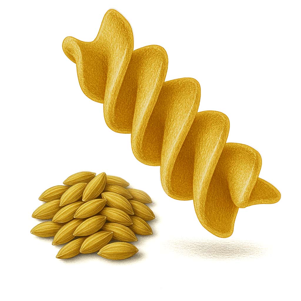 Illustration of Italian fusilli pasta beside a pile of rice grains — bronze-cut pasta and ancient rice