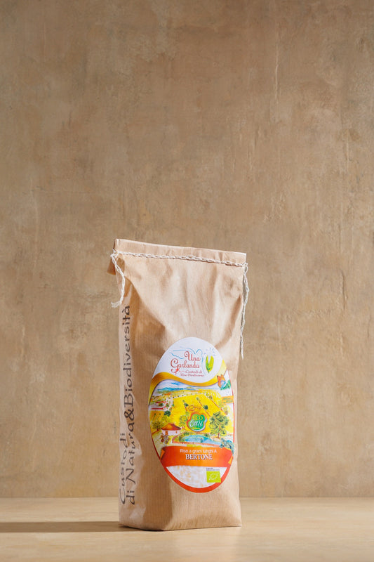 Bertone Polished Rice, cloth bag of artisan polished Italian rice, Una Garlanda, Piedmont