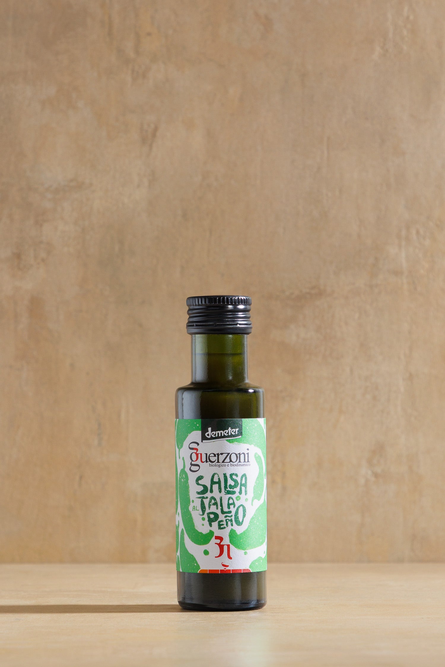 Green Jalapeño Sauce, glass bottle of organic green jalapeño hot sauce, Guerzoni, Modena