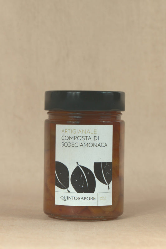Scosciamonaca Plum Compote, glass jar with cream label, Quintosapore, Umbria