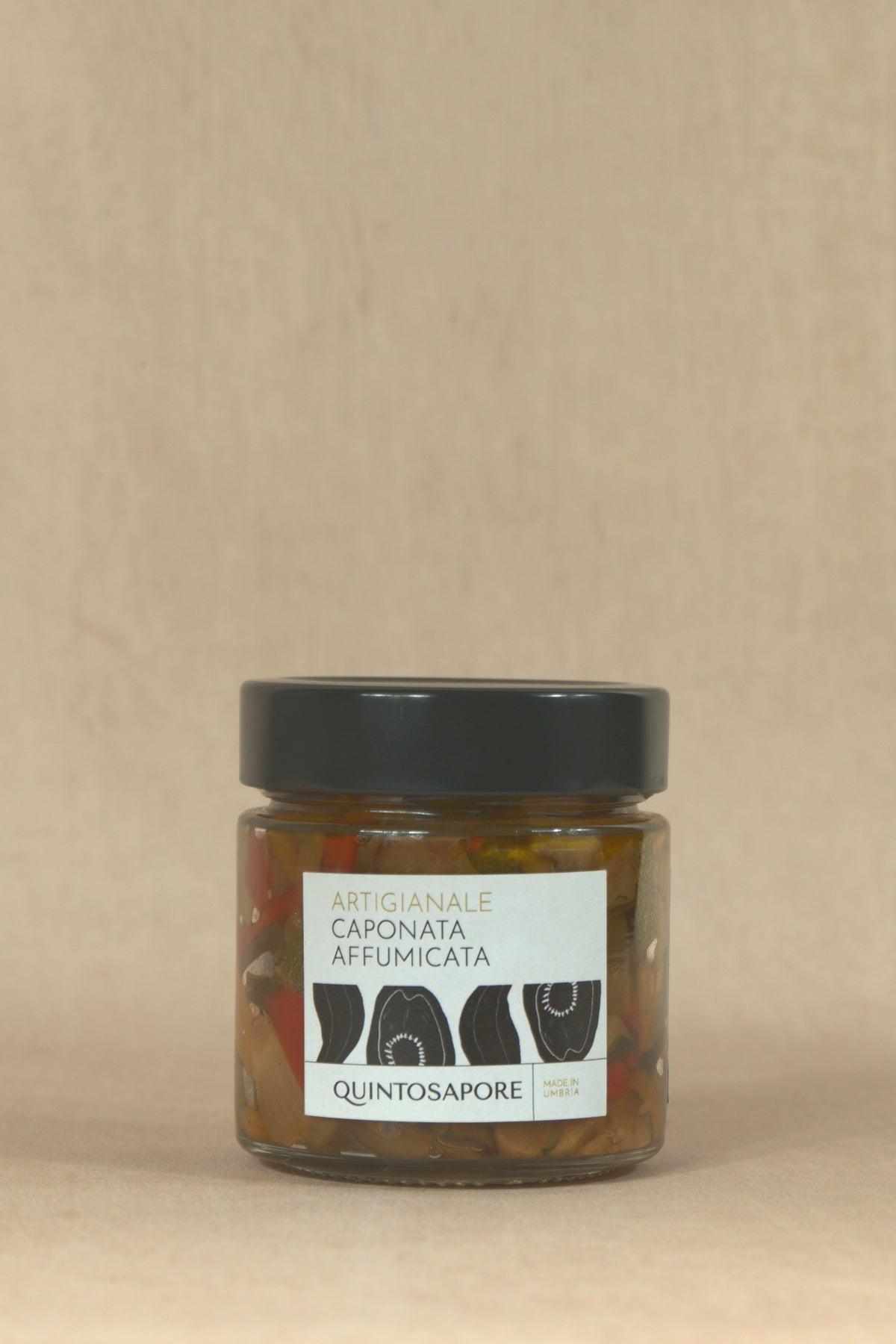 Smoked Caponata, glass jar with cream label, Quintosapore, Umbria