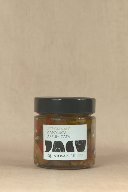 Smoked Caponata, glass jar with cream label, Quintosapore, Umbria