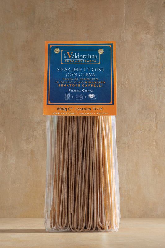 Spaghettoni con Curva, paper bag of thick curved bronze-die spaghettoni, Mulino Val d'Orcia, Tuscany
