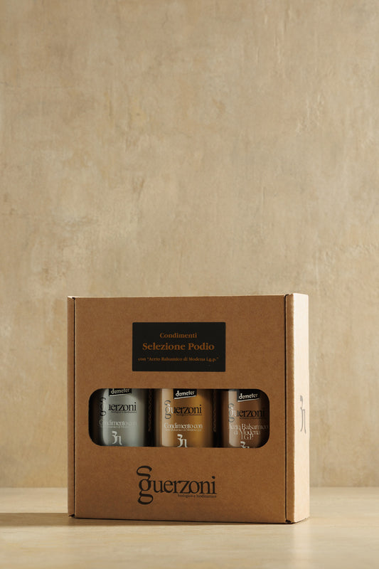 Italian Condiment Gift Set Balsamic Trio, three-bottle balsamic gift box, Guerzoni, Modena