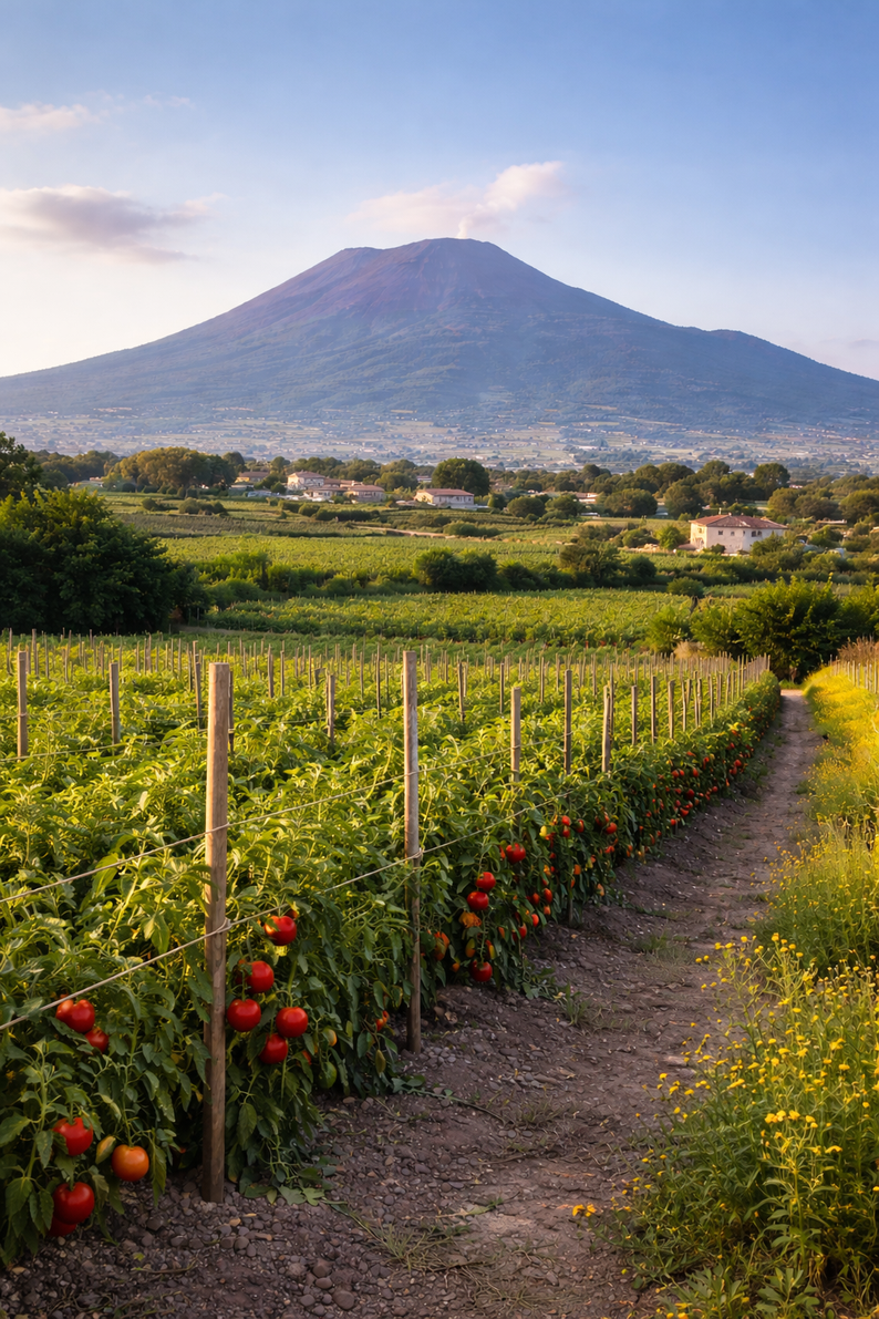 Heirloom tomato vines with Mount Vesuvius in the background — Campania, southern Italy