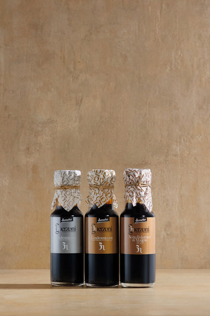 Italian Condiment Gift Set Balsamic Trio, three balsamic bottles displayed from the trio, Guerzoni, Modena