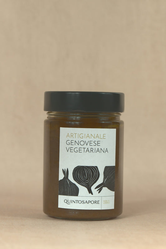 Vegetarian Genovese Sauce, glass jar with cream label, Quintosapore, Umbria