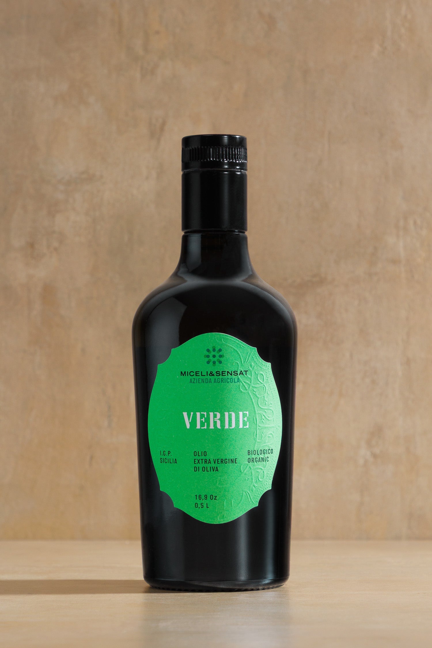 Verde Organic Extra Virgin Olive Oil, dark glass bottle of organic Sicilian EVOO, Miceli & Sensat, Sicily