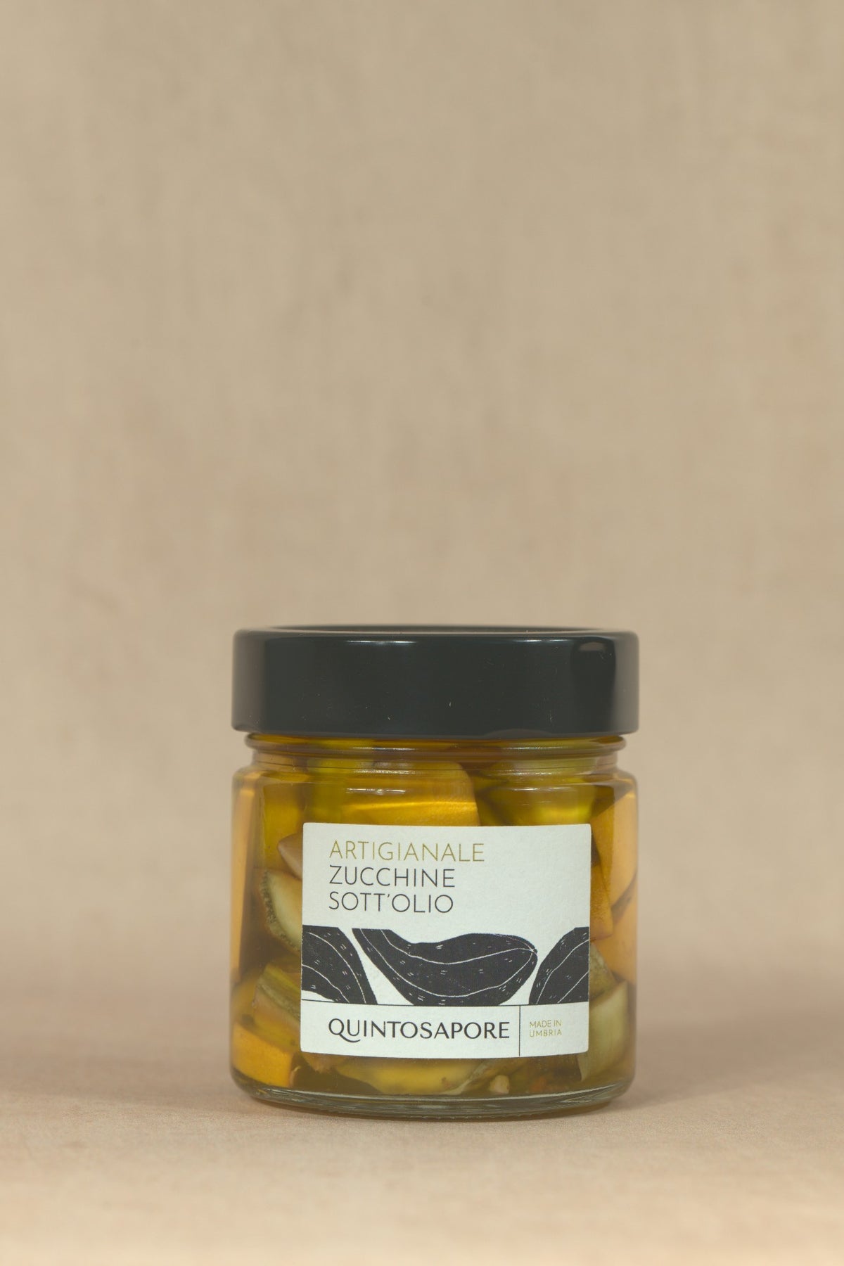 Zucchini in Extra Virgin Olive Oil, glass jar with cream label, Quintosapore, Umbria